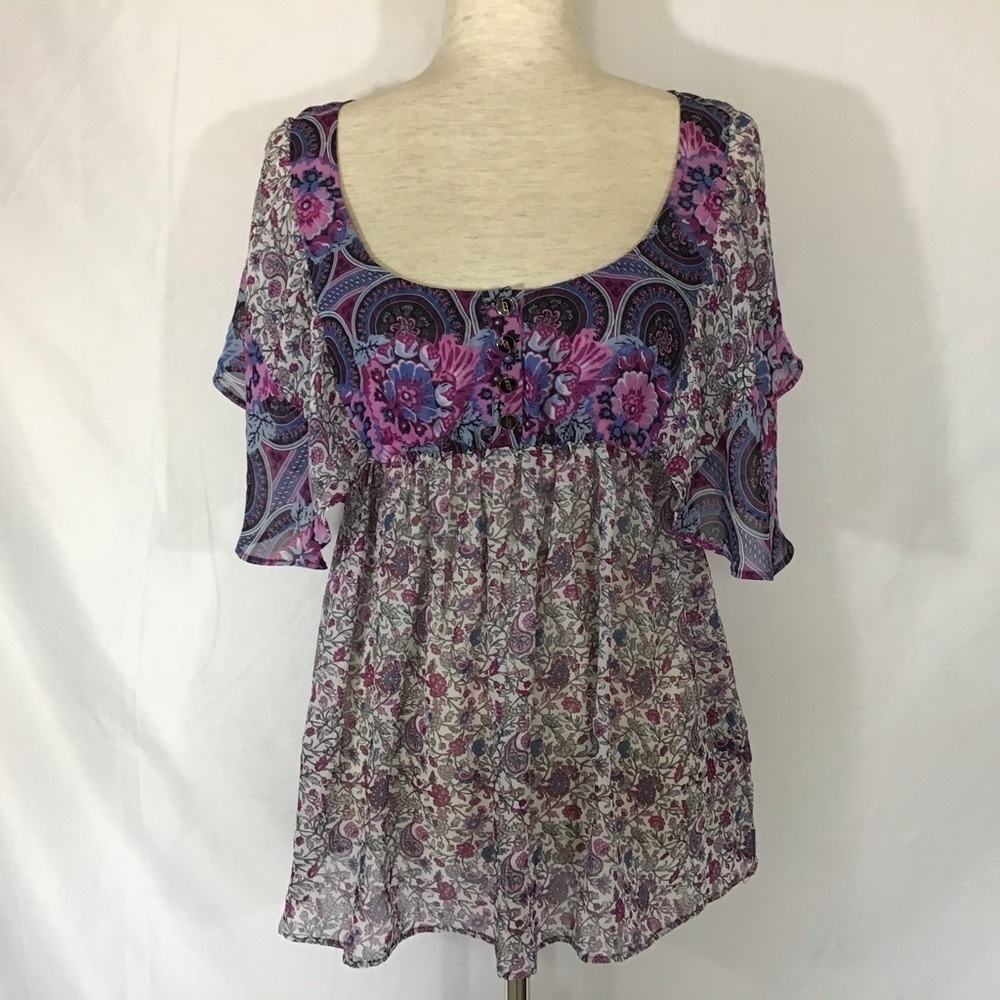 Sportsgirl Blouse Size XS Floral Purple Australia Boho Flutter Sleeve Blouse